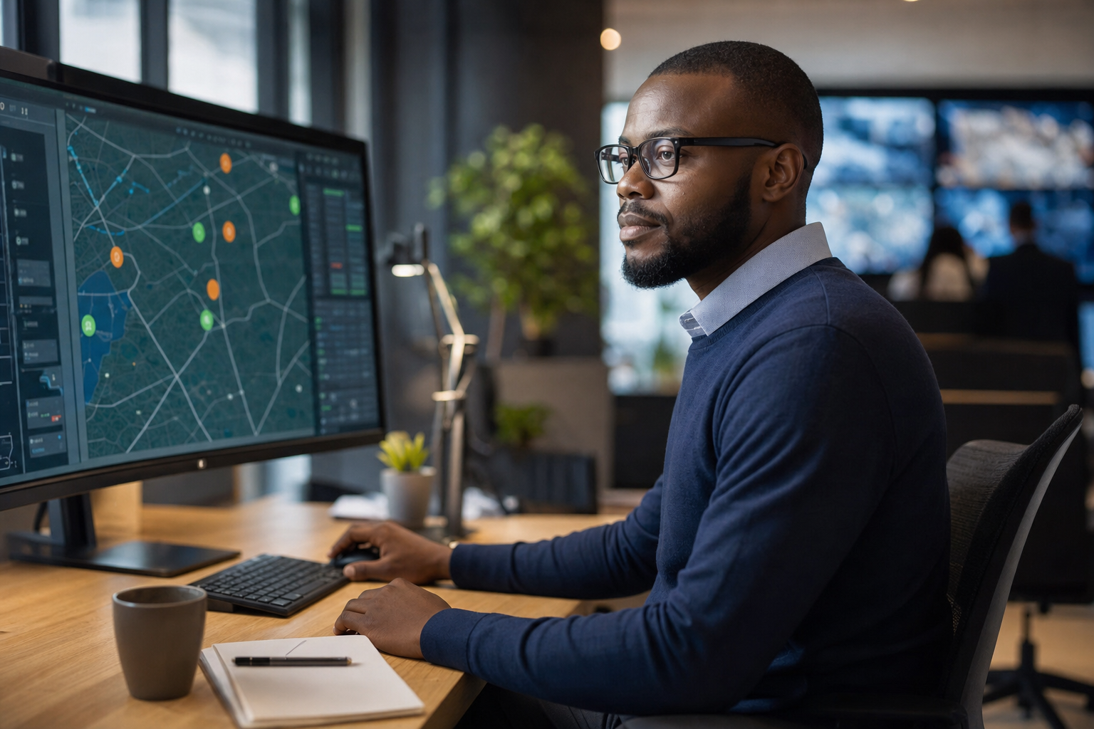 Kenyan operations manager reviewing live security dashboards